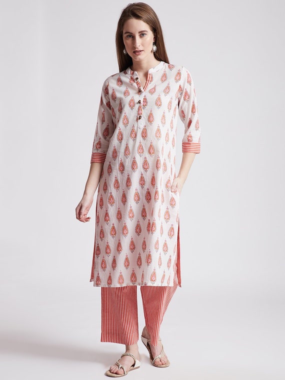 Hand block paisley printed long kurta with hand block printed straight pants