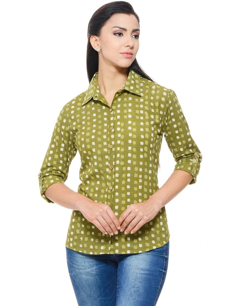 Dabu Hand Block Printed Shirt in Olive Green Colour Etsy