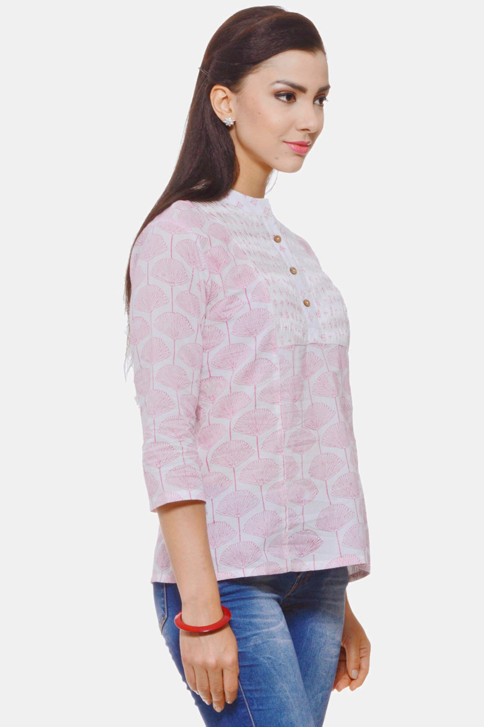 Blush Pink Hand Block Print Cotton Top – Boho Round Neck Blouse
