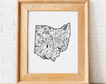 Ohio Floral Art - digital download art print Ohio flowers - floral line art by Tulip Type - home state Ohio Cincinnati Columbus Cleveland