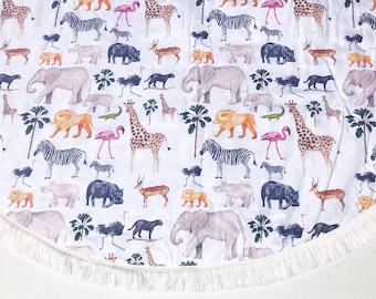 Play Mat, Baby Play Mat - Animal Kingdom - Fringing - Round Luxury Quilted - Activity Mat - Picnic Rug - Playmat - Tummy Time -Playtime