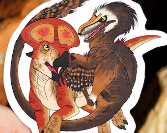 Pegatina de vinilo de 7,6 cm de Protoceratops vs. Velociraptor - Original Dinosaur Paleoart