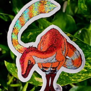 Sinosauropteryx Vinyl Glitter Sticker 3&quot; - Original Dinosaur Paleoart