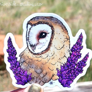 Barn Owl Vinyl Glitter Sticker 3&quot; - Original Fantasy Wildlife Wild Bird Flower Art