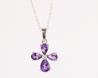 Amethyst Flower Pendant Necklace: Sterling Silver February Birthstone