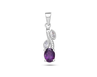 Natural amethyst silver pendant necklace, purple stone pendant, February birthstone jewelry, gift for her, handmade leaf silver pendant