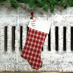 Red Flannel Stocking, Plaid Stocking, Red Plaid Stocking, Handmade Stocking, Rustic Christmas, Holiday Decor, Holiday Stocking image 1