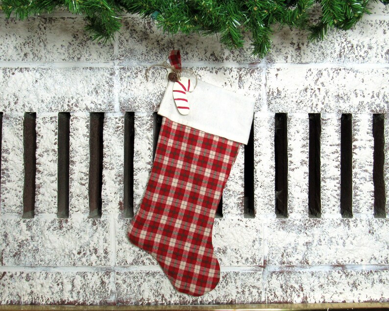 Red Flannel Stocking, Plaid Stocking, Red Plaid Stocking, Handmade Stocking, Rustic Christmas, Holiday Decor, Holiday Stocking image 1