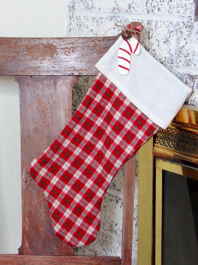 Red Flannel Stocking, Plaid Stocking, Red Plaid Stocking, Handmade Stocking, Rustic Christmas, Holiday Decor, Holiday Stocking image 3