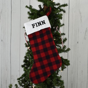 Handmade Flannel Stocking - Buffalo Plaid Christmas Stocking - Rustic Decoration - Embroidered Holiday Stocking - Christmas Decor