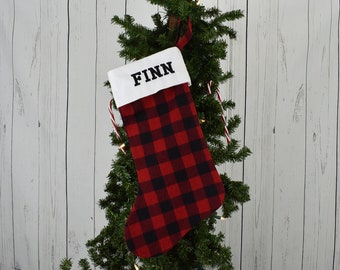 Handmade Flannel Stocking - Buffalo Plaid Christmas Stocking - Rustic Decoration - Embroidered Holiday Stocking - Christmas Decor