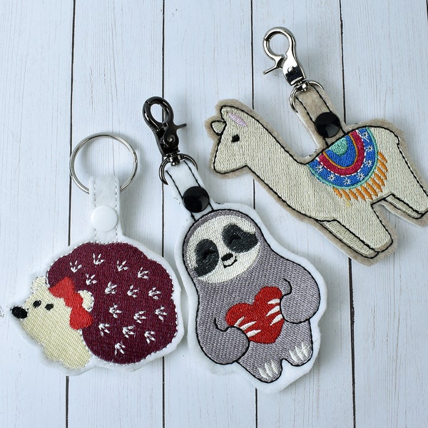 Felt Animal Keychain: Embroidered Llama, Hedgehog, or Sloth