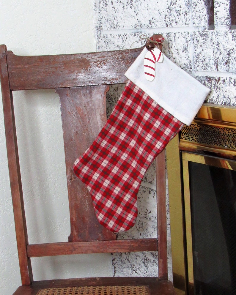 Red Flannel Stocking, Plaid Stocking, Red Plaid Stocking, Handmade Stocking, Rustic Christmas, Holiday Decor, Holiday Stocking image 5