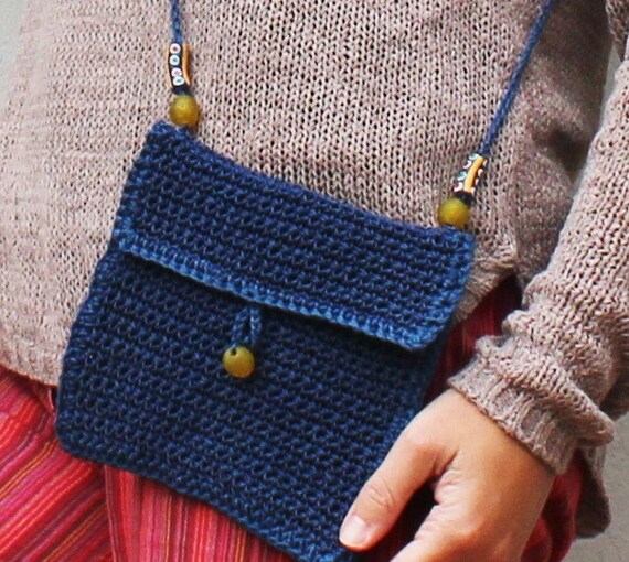 Crochet Hemp Bag Dark Blue Hippie Bag Small Shoulder Bag | Etsy