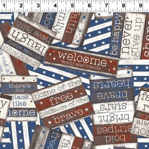 RARE - By The Continuous HALF YARD - Home of the Free by Dan DiPoalo for Clothworks, #Y2922-55 Tossed Vintage Sayings on Wood Signs