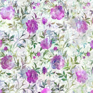May include: A floral design with large, purple peony flowers and green leaves on a soft, off-white background. The watercolour effect gives the pattern a delicate look. The design is suitable for fabric or wallpaper, with a repeating pattern of blooms.