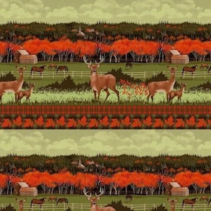 RARE - By The Continuous HALF Yard - Autumn Calling by Timeless Treasures, #7645-Multi Deer Grazing on Farm, Horses, Leaves, Border Stripe