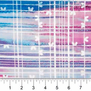 May include: White fabric with a blue, pink, and purple watercolour plaid pattern. The fabric has a subtle white floral print.