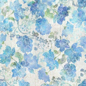 May include: A fabric with a floral pattern featuring large, stylized blue flowers with white outlines and green leaves. The flowers are set against a textured, off-white background, creating a vintage aesthetic. The design is suitable for various craft projects.