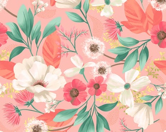 Coral Floral Fresco Prado algodón Acolchado tela Melissa Lowry Clothworks
