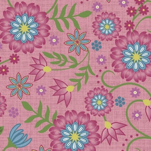 Può includere: Uno sfondo rosa con un motivo ripetitivo di fiori stilizzati in tonalità di rosa, blu, verde e giallo. I fiori hanno forme e dimensioni diverse, e alcuni hanno un contorno bianco.