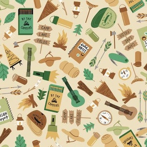 By The Continuous HALF YARD - Camping Crew for RJR Fabrics, Pattern #RJ1602-KH1 Tossed Camping Gear on Light Khaki Tan