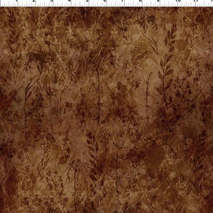 May include: A brown and tan fabric with a botanical design. The pattern features silhouettes of leaves, stems, and small flowers, creating a textured, natural look. The background has a mottled appearance.