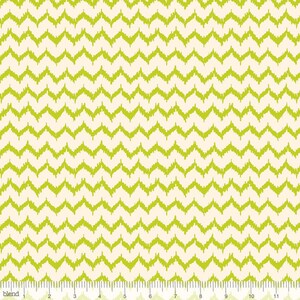 May include: A fabric with a repeating zigzag pattern in a vibrant lime green color against a cream background. The design resembles a series of connected chevrons, creating a textured, visually appealing surface. The fabric is suitable for various sewing and crafting projects.