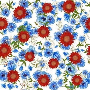 Könnte beinhalten: Ein nahtloses Muster mit roten und blauen Blumen. Die roten Blumen haben einen gelben Mittelpunkt und die blauen Blumen einen weißen Mittelpunkt. Der Hintergrund ist weiß.
