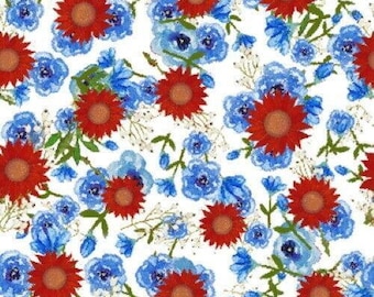 May include: A seamless pattern featuring red and blue flowers. The red flowers have a yellow center and the blue flowers have a white center. The background is white.