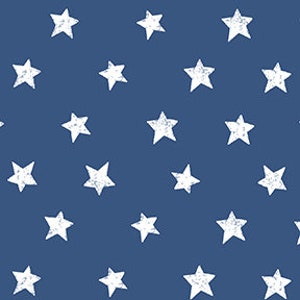 May include: A seamless pattern of white stars on a dark blue background. The stars have a slightly distressed effect, giving them a vintage look.
