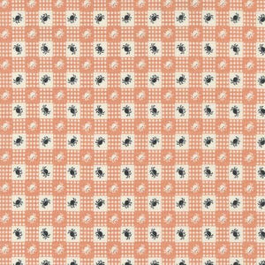 May include: A repeating pattern featuring a grid of alternating squares and dots. The squares contain black spider silhouettes, while the dots and background are a peach color. The overall design is a Halloween or spooky theme.