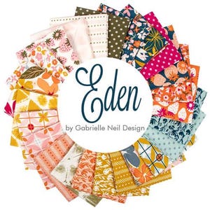 May include: A collection of 24 fabric squares featuring a variety of floral and geometric patterns in shades of pink, orange, yellow, green, and blue. The fabric squares are arranged in a circle with the text "Eden by Gabrielle Neil Design" in the center.
