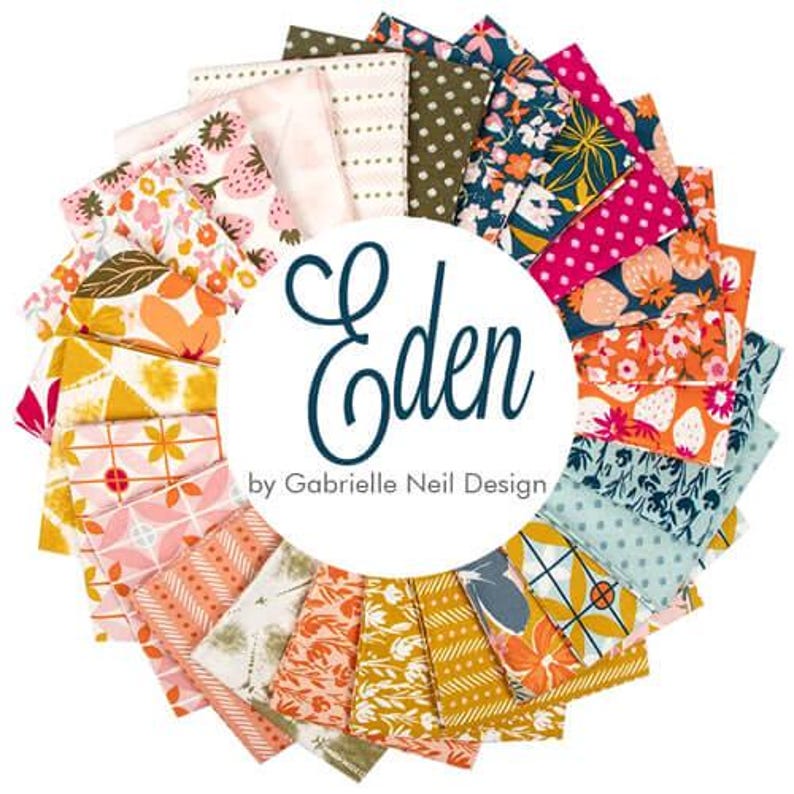 May include: A collection of 24 fabric squares featuring a variety of floral and geometric patterns in shades of pink, orange, yellow, green, and blue. The fabric squares are arranged in a circle with the text "Eden by Gabrielle Neil Design" in the center.