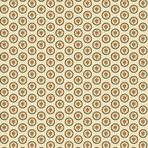 Könnte beinhalten: Ein nahtloses Muster mit einem sich wiederholenden Design aus kleinen orangefarbenen und grünen Blumenmotiven in einem Kreis auf cremefarbenem Hintergrund.