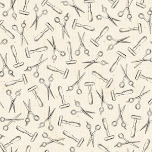 Może przedstawiać: Wzór bez szwów z powtarzającym się wzorem czarno-białych ilustracji nożyczek i brzytew na beżowym tle.