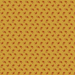 Op de afbeelding: Een naadloos patroon met een herhalend ontwerp van kleine, gestileerde bruine bladeren met rode bessen op een gele achtergrond.