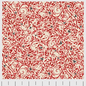 Puede incluir: Tela floral roja y gris con un patrón repetitivo de hojas, espirales y corazones. La tela tiene un aspecto texturizado, pintado a mano.