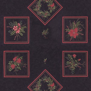 May include: A black background with a repeating pattern of red and green floral wreaths, bouquets, and a cardinal bird. The floral designs are framed in red and black squares and diamonds.