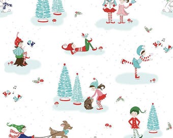 May include: A whimsical Christmas-themed fabric pattern featuring elves, deer, and snow. The design includes turquoise Christmas trees, red mushrooms, and musical notes. Elves are depicted in various poses, with a sled and a hedgehog.
