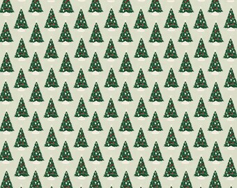 May include: A seamless pattern featuring a repeating design of green Christmas trees with red and white baubles on a light green background.