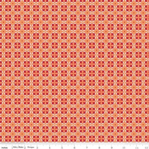 May include: A repeating pattern of red and white geometric shapes on a peach background. The pattern is made up of four-pointed stars with rounded edges.