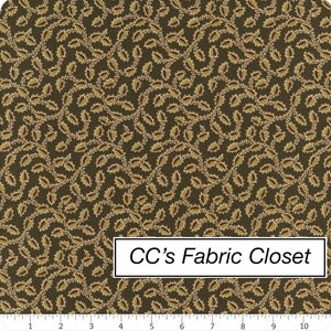 By The Continuous HALF YARD - Trinkets by Kathy Hall for Andover, Pattern #8144-G, Olive Green and Tan Vines on Forest Green, Leaves