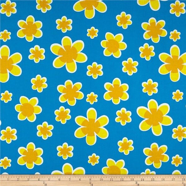 RARE - 8" REMNANT - Doodlicious by Kim Schaefer for Andover Fabrics, #8876 Tossed Tonal Yellow Floral Blossoms on Blue