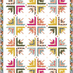 May include: A quilt pattern with a white background and a repeating design of colorful log cabin blocks. The blocks are made up of various floral fabrics in shades of pink, blue, green, yellow, and orange.