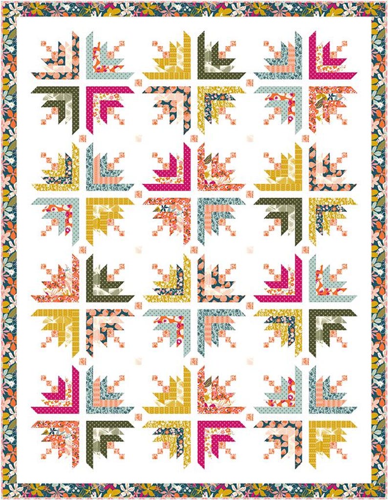 May include: A quilt pattern with a white background and a repeating design of colorful log cabin blocks. The blocks are made up of various floral fabrics in shades of pink, blue, green, yellow, and orange.