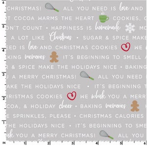 Durch die fortlaufende HALF YARD - We Whisk You a Merry Christmas von Kim Christopherson für Maywood, #MAS9672-K Urlaub Backen Wörter auf Grau