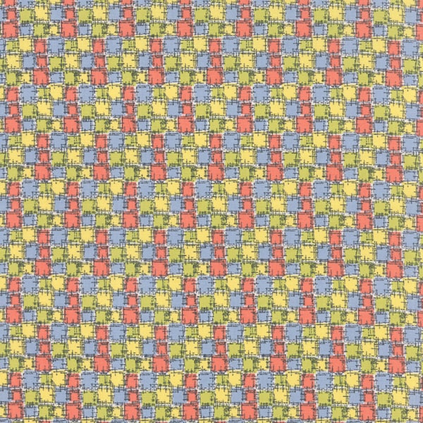 By The Continuous HALF YARD - Gardenvale by Jen Kingwell for Moda, #18107-12 Monkey Magic Meg, Salmon, Blue, Green, Yellow Patchwork Squares