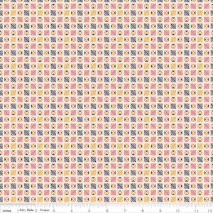 RZADKIE - 31" RESZTKI - Len i trawnik autorstwa Sue Daley dla Penny Rose, #LW6344-ŻÓŁTY Geometria w kolorze żółtym, różowym, szarym na białym, 54" szerokości