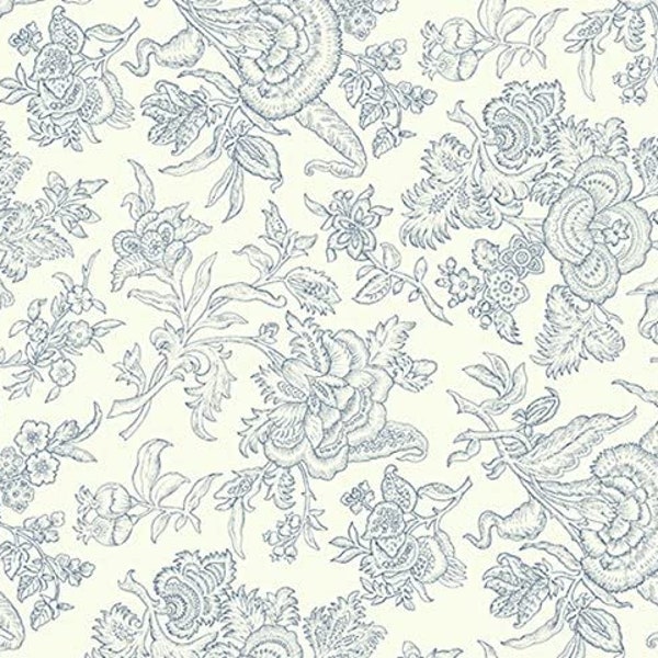 RARE - 16" REMNANT - Blueberry Buckle by Marsha McCloskey for Clothworks, #Y2237-87 Blue Jacobean Stenciled Floral on Cream